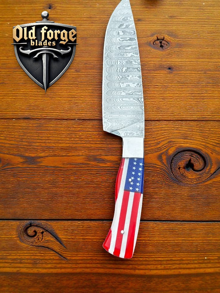 Handmade Damascus chef knife with resin American flag handle and 7 inch blade