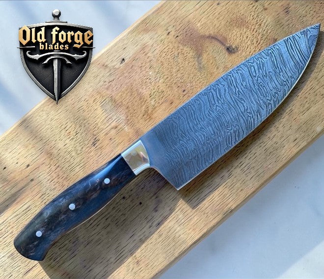 Handmade Damascus chef knife with 7.5 inch blade and Karelian Birch handle