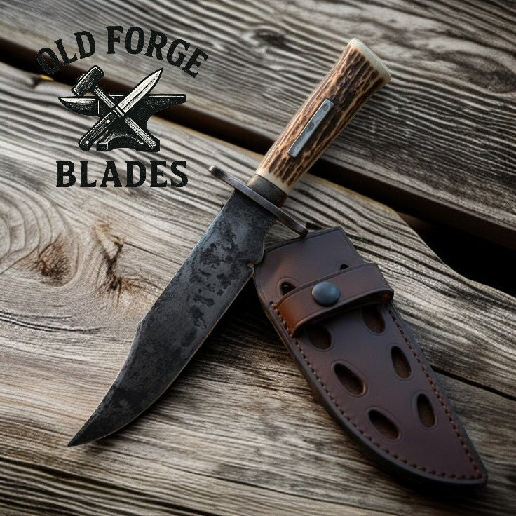 Handmade carbon steel Bowie knife with stag handle and clip point blade