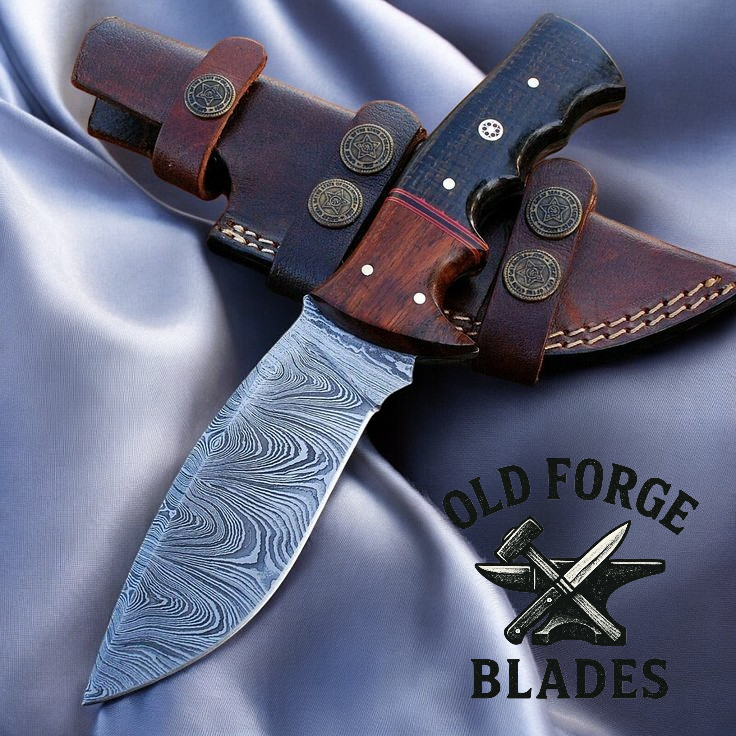 Custom hunting knife with watered steel blade