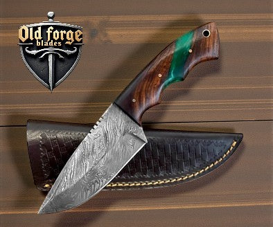 Handmade Damascus steel hunting knife with rosewood handle
