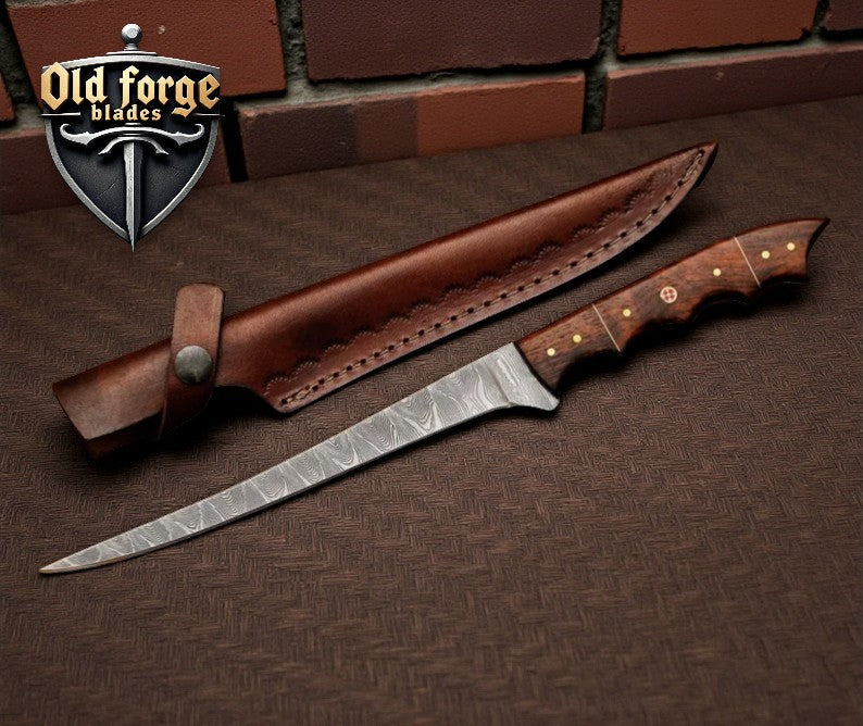  Elite Damascus fish fillet knife with leather sheath on kitchen counter