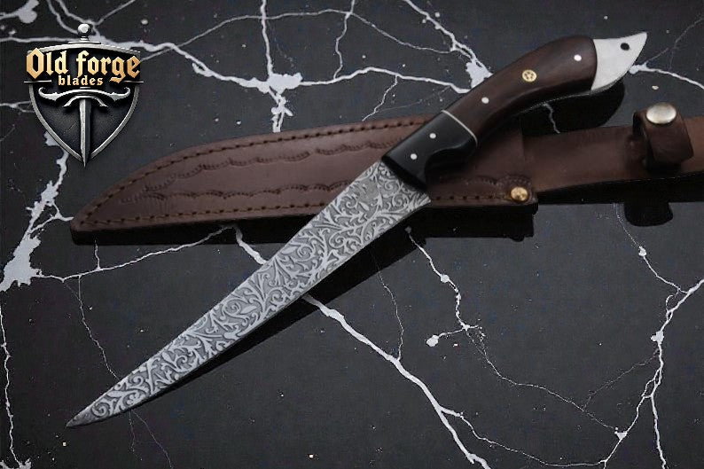 Handmade Damascus steel outdoor edge fillet knife with rosewood handle and leather sheath