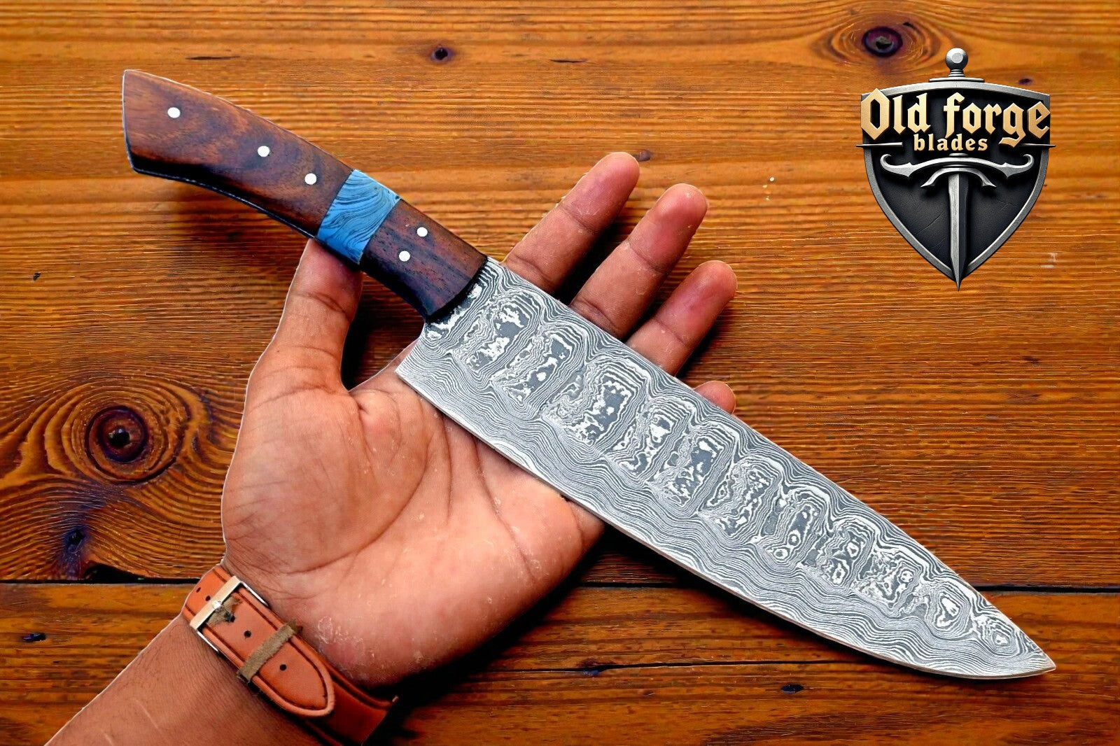 Handmade Damascus chef's knife with wood handle and leather sheath