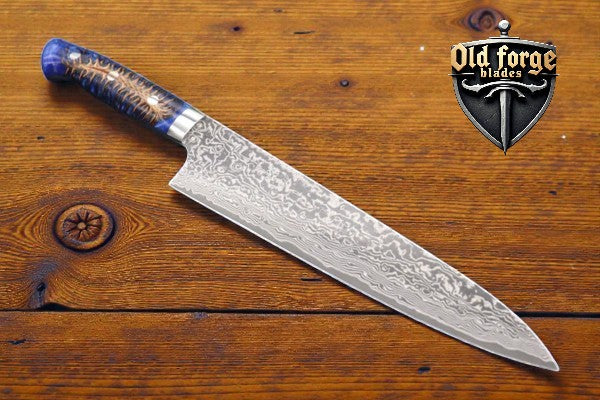 Custom Damascus chef knife with deep blue spruce cones handle