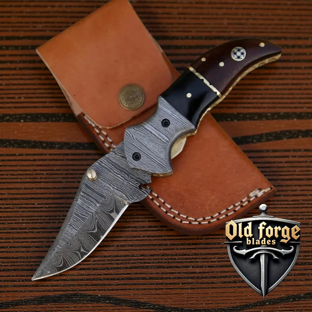 Best lightweight Damascus pocket knife with liner lock and leather sheath